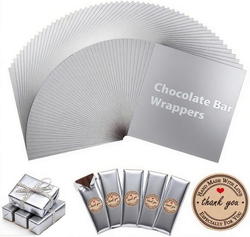 XPMBF Chocolate Bar Wrappers Silver Foil Sheets Candy Bar Wrappers, with Thick Paper Backing Foil Sheets for Food DIY Candies Wrapping Packing Gifts Coated waterproofs with 105Pcs Handmade Stickers - Image 1